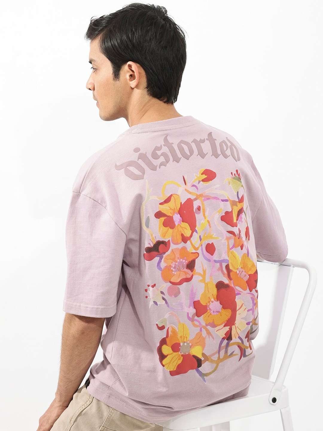 

RARE RABBIT Men Dist Floral Printed Oversized T-Shirt, Purple