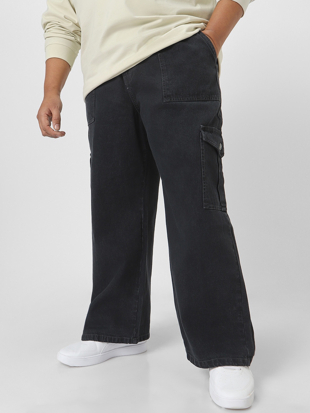 

Urbano Plus Men Loose Fit Washed Cargo Non-Stretchable Jeans With 6 Pockets, Grey