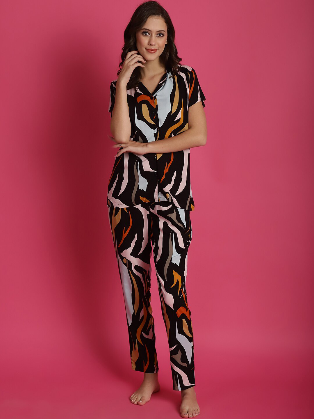 

Boston Club Abstract Printed Night suit, Black