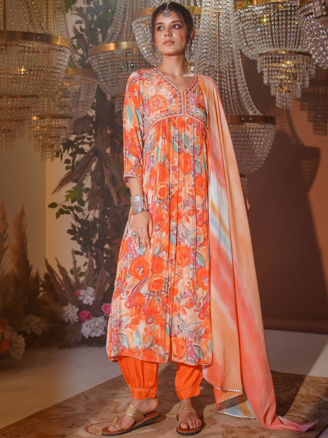 

Zolo Label Floral Printed Mirror Work Empire Straight Kurta & Salwar With Dupatta, Orange