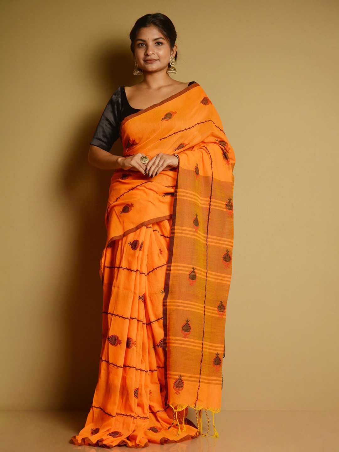 

SARIKA Floral Woven Design Pure Cotton Saree, Orange