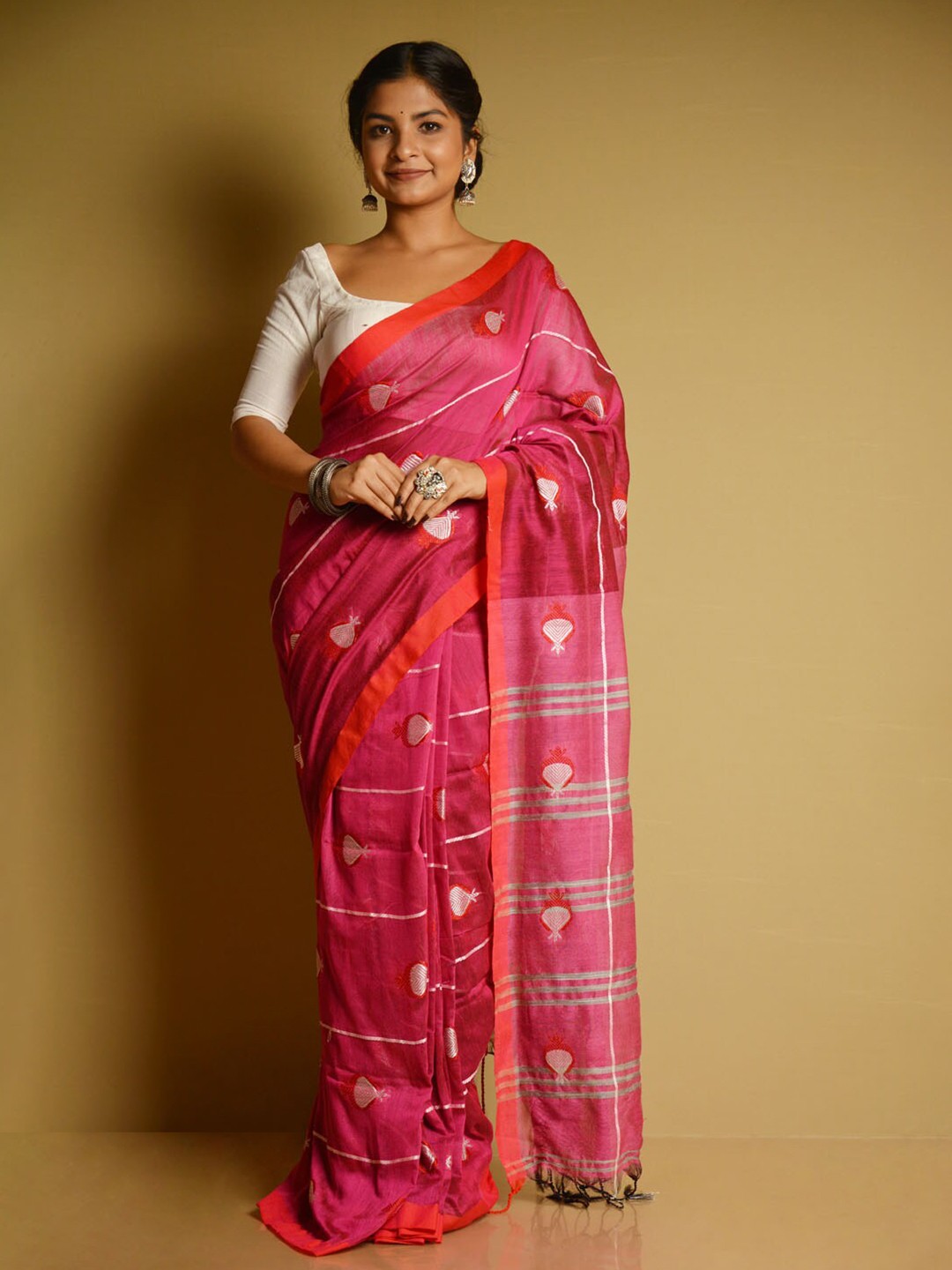 

SARIKA Floral Woven Design Pure Cotton Saree, Pink
