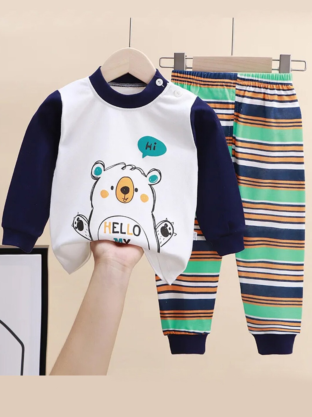 

Bold N Elegant Kids Printed Round Neck T-shirt With Pyjamas, White