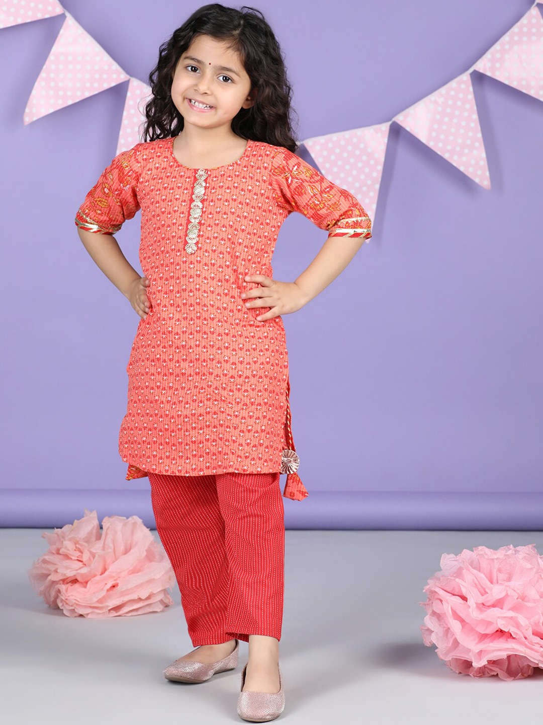 

Here&Now X Kinder Kids Girls Regular Pure Cotton Kurta With Palazzos, Peach