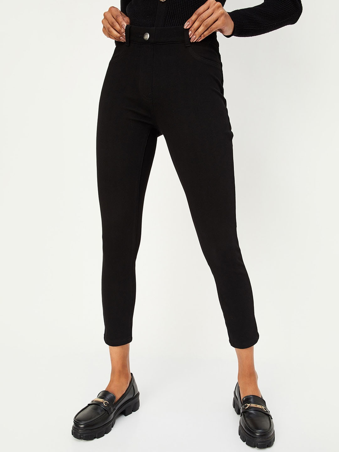 

max Women Cotton Flat-Front Trouser, Black