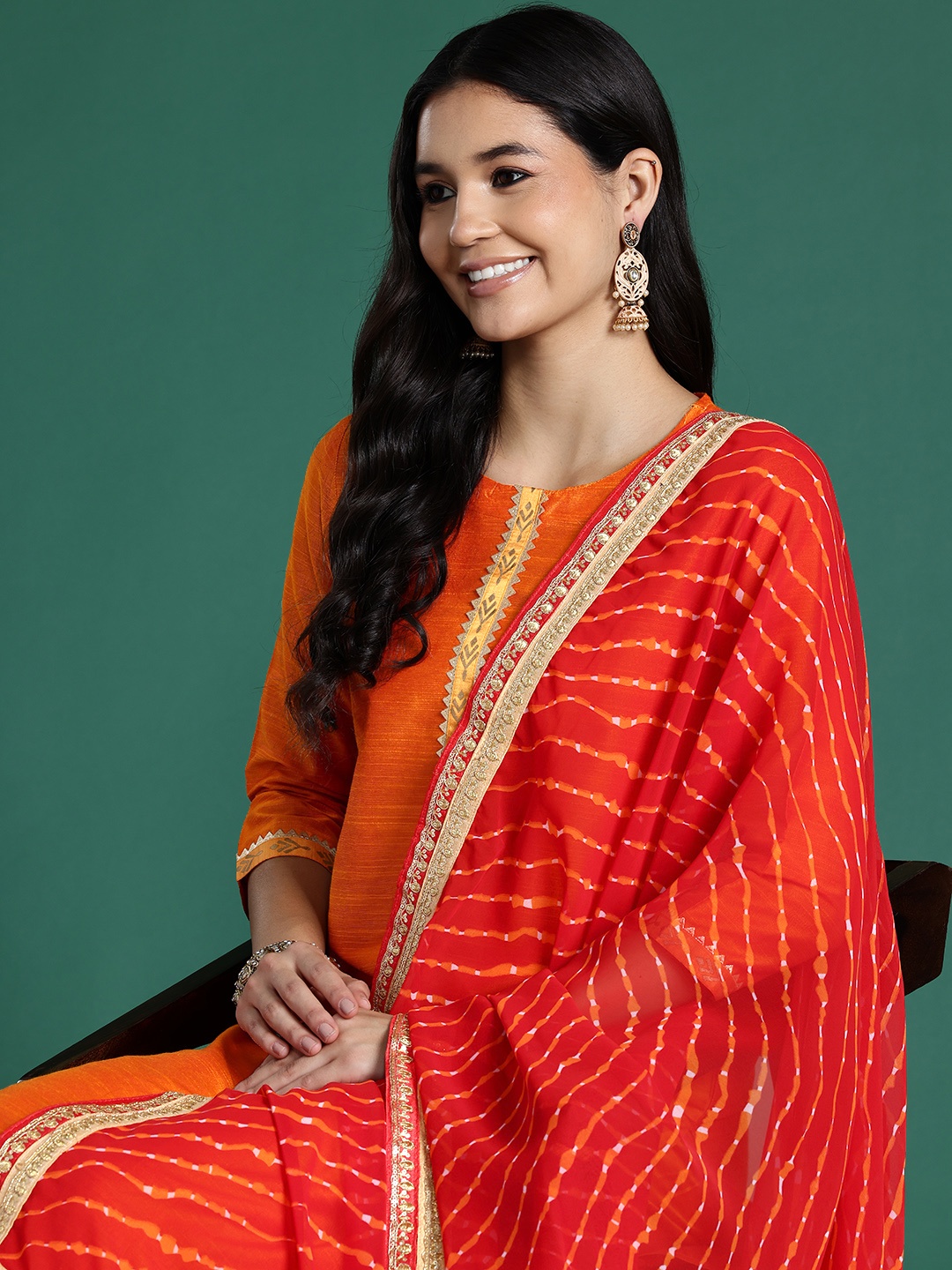 

Sangria Women Solid Gotta Patti Straight Kurta with Palazzos & With Dupatta, Orange