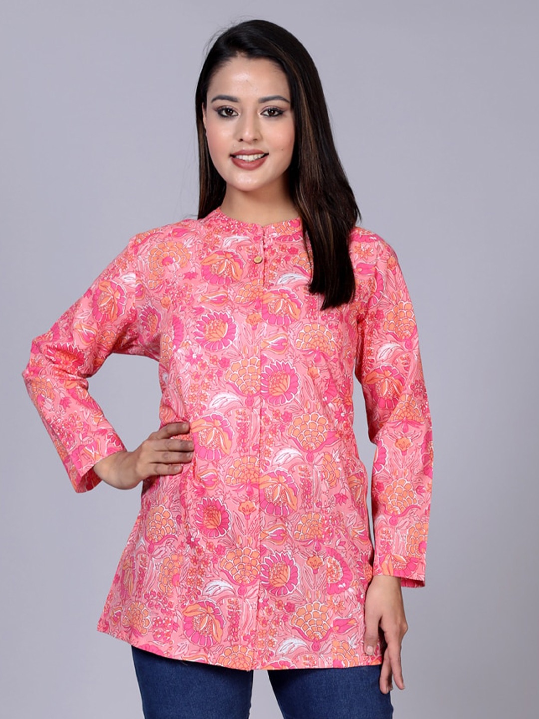 

HERE&NOW Women Classic Floral Semi Sheer Printed Casual Shirt, Pink
