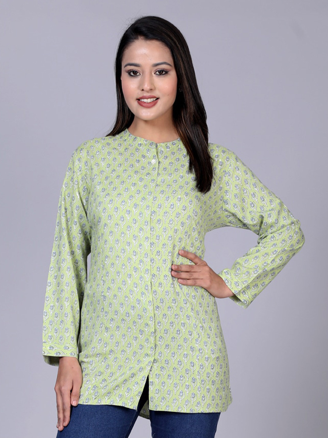 

HERE&NOW Women Classic Semi Sheer Printed Casual Shirt, Green