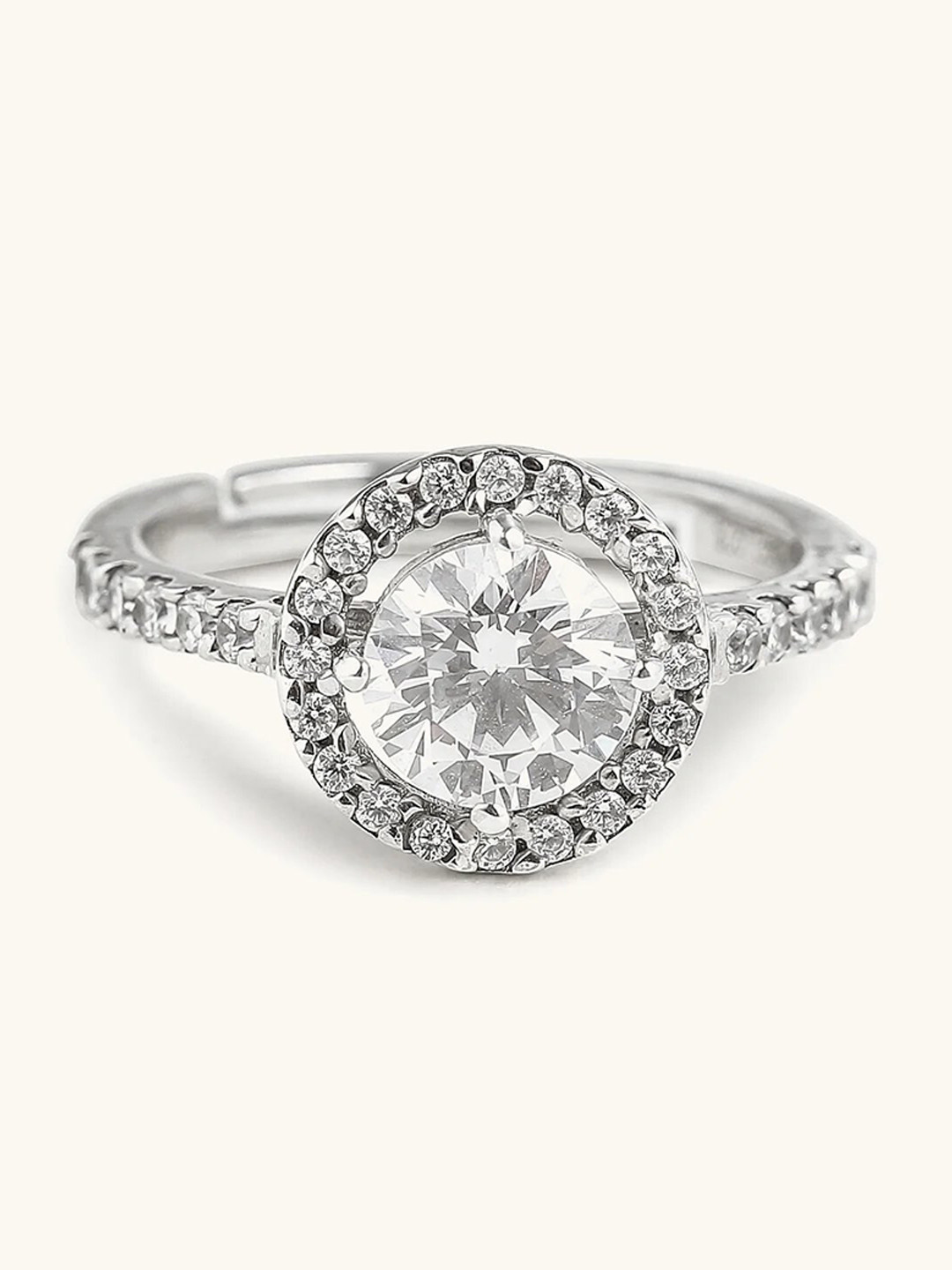 

Mabel 925 Sterling Silver Rhodium Plated Round Halo Solitaire Adjustable Ring
