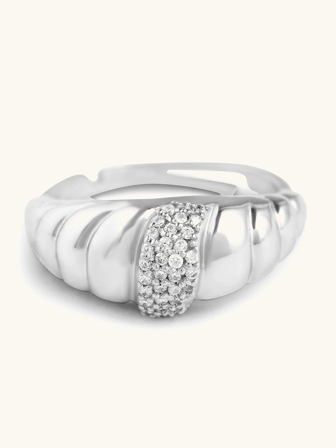 

Mabel 925 Sterling Silver Rhodium Plated Studded Croissant Adjustable Ring