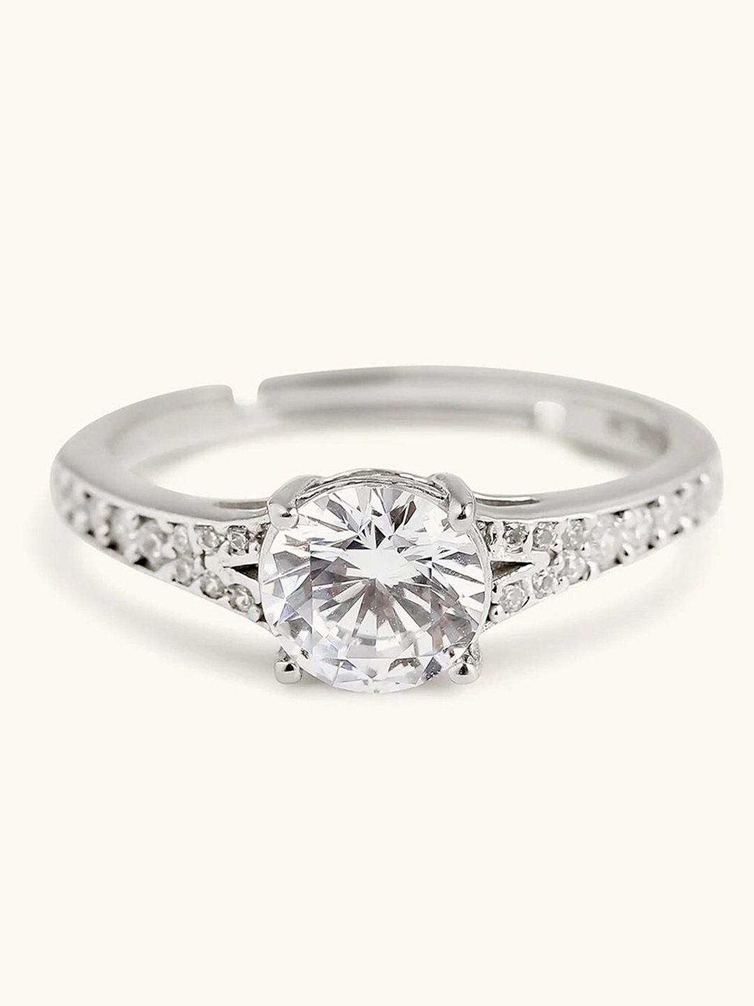 

Mabel 925 Sterling Silver Rhodium Plated Studded Round Solitaire Adjustable Ring