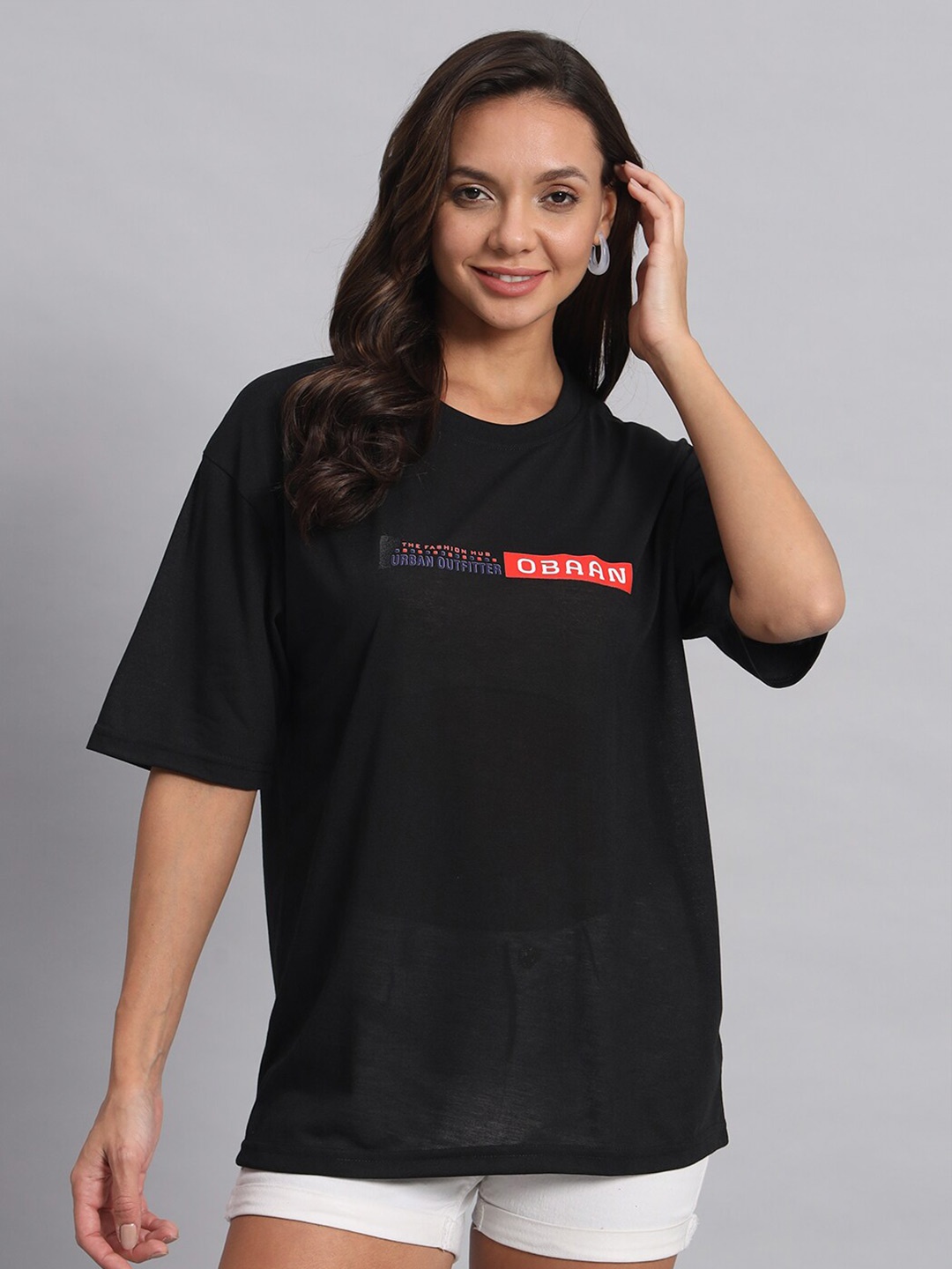 

Obaan Women Typography Pockets T-shirt, Black