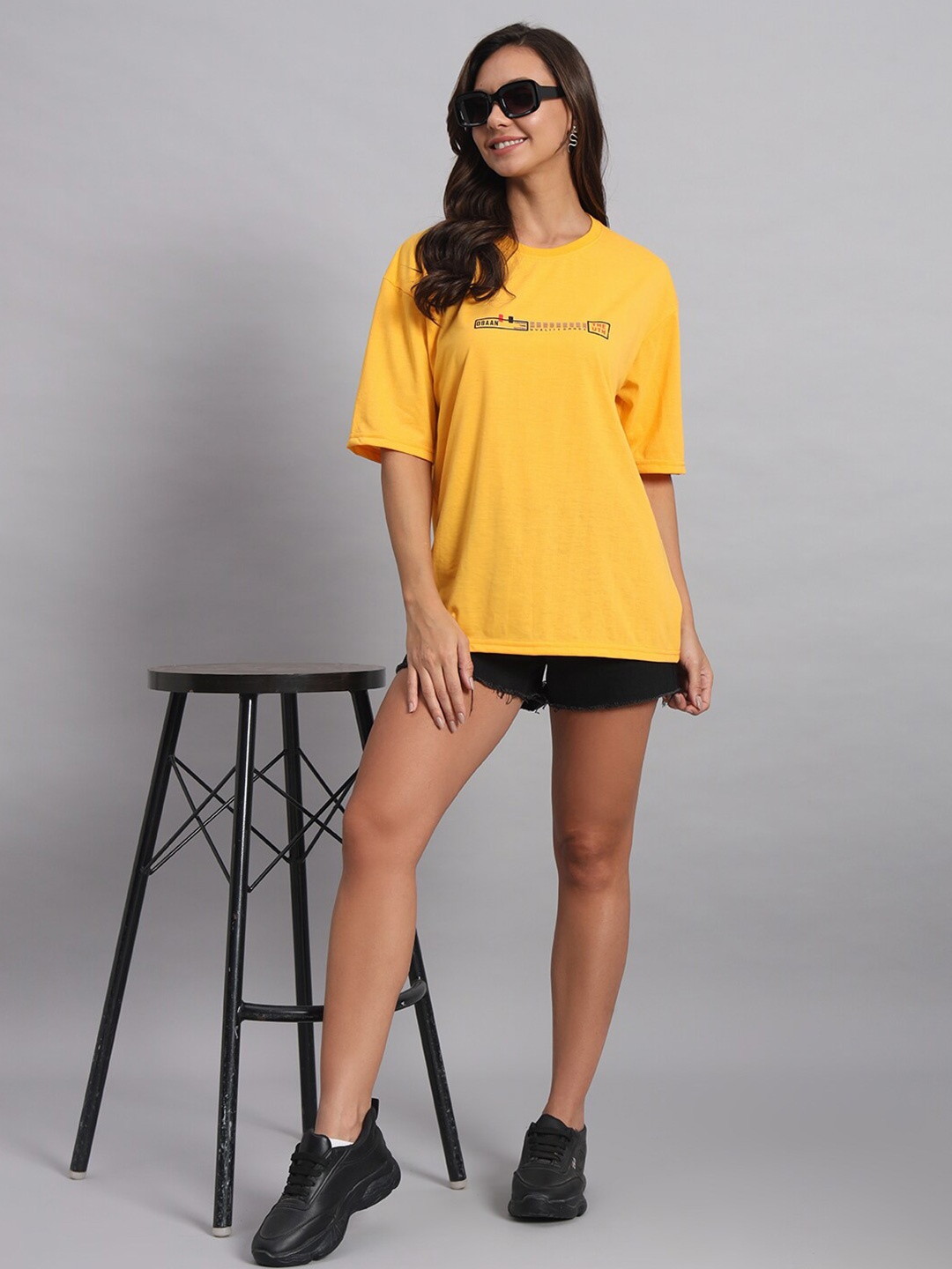 

Obaan Women Typography Printed Pockets T-shirt, Yellow