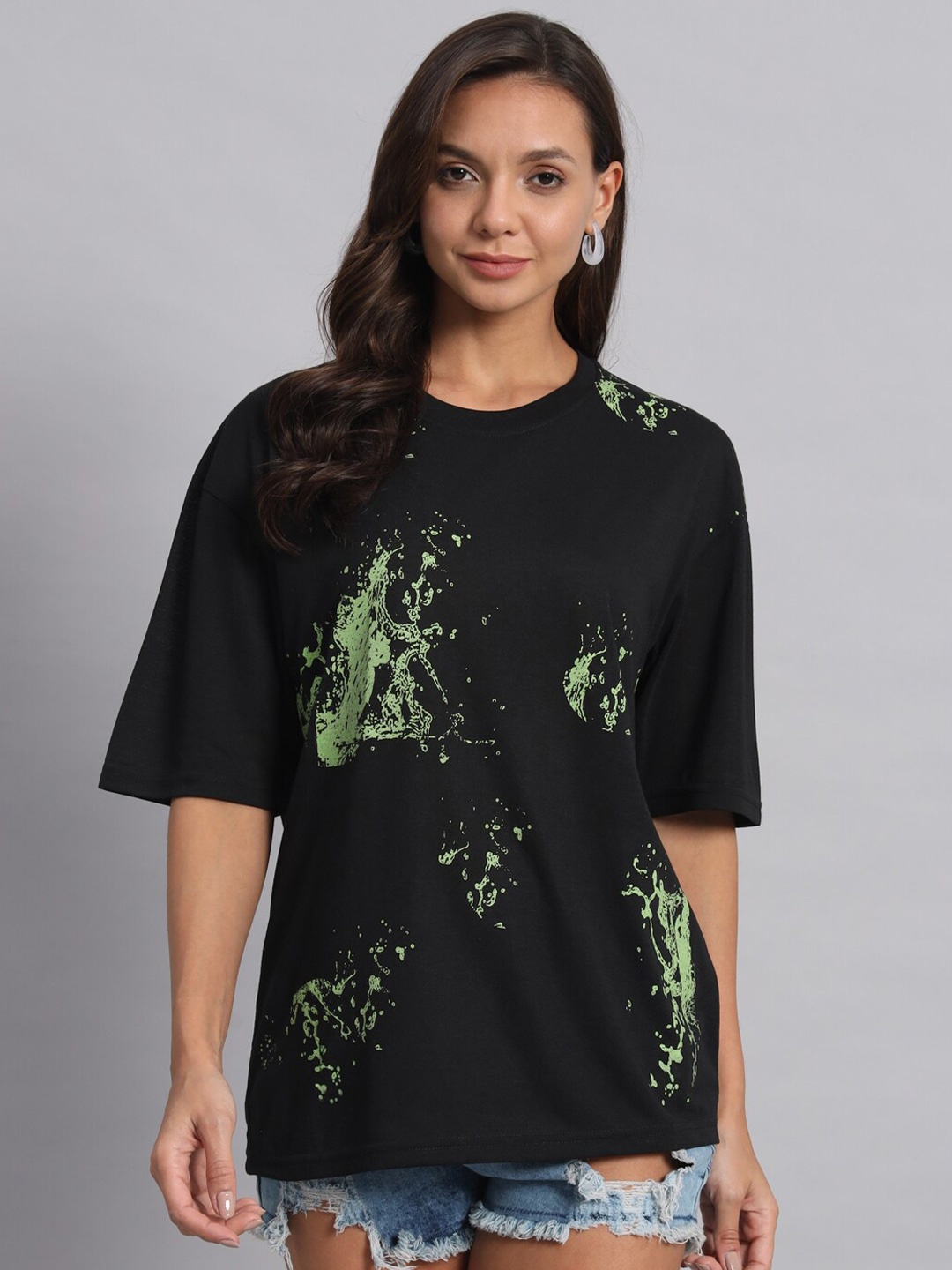 

Obaan Women Floral Printed Raw Edge T-shirt, Black