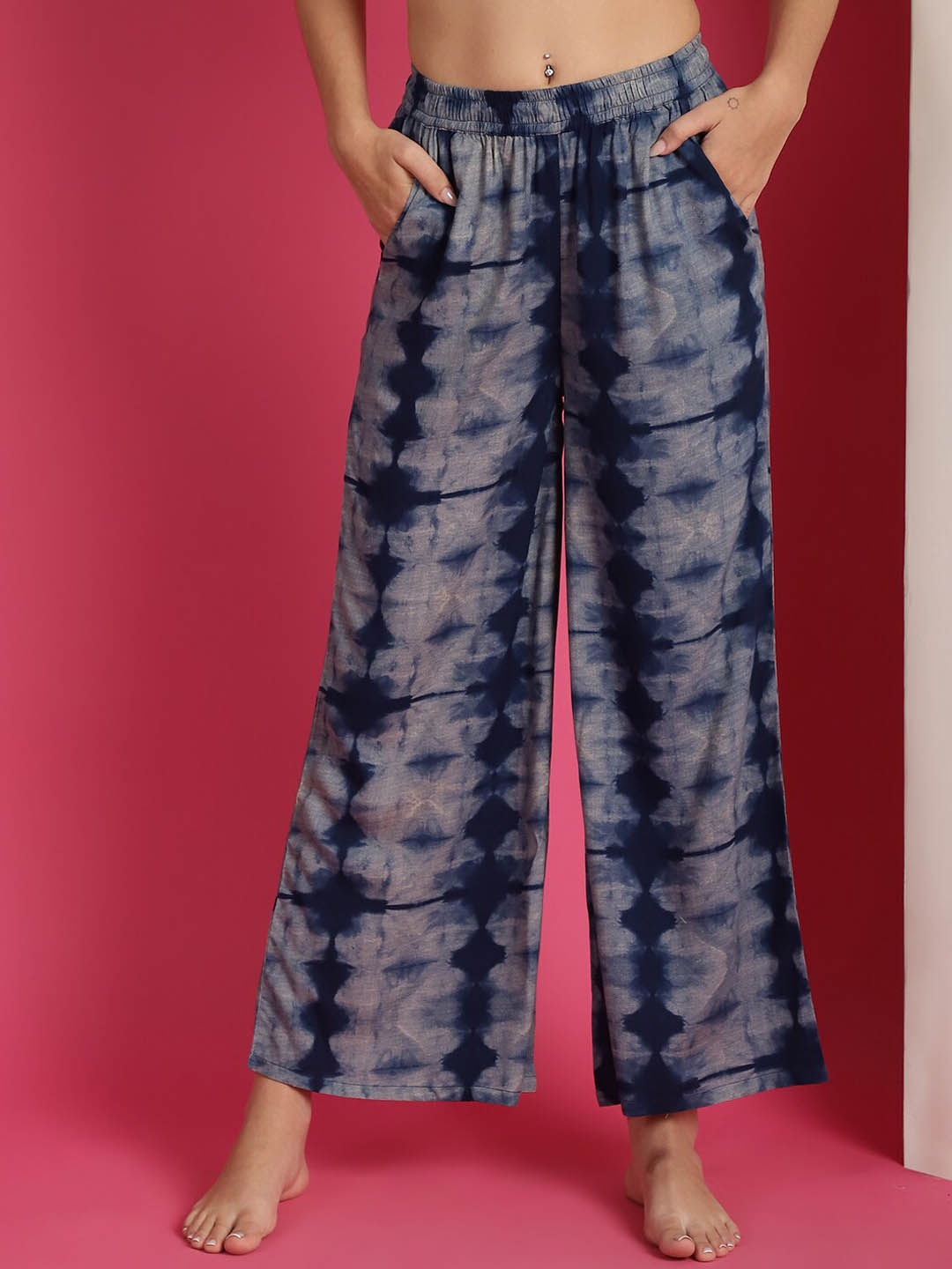 

Boston Club Abstract Printed Mid-Rise Flared Lounge Pants, Navy blue