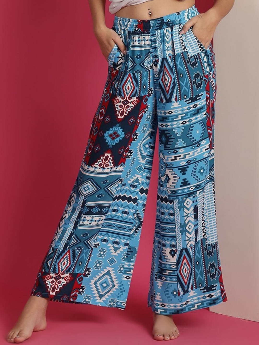 

Boston Club Geometric Printed Mid-Rise Flared Lounge Pants, Blue