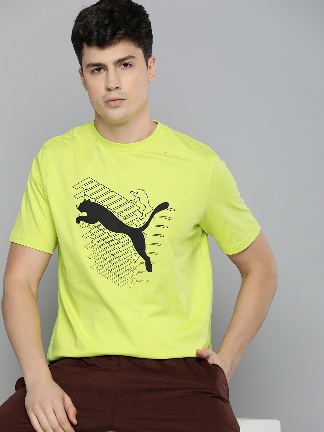 

Puma Men Graphics Cat Printed Pure Cotton T-shirt, Fluorescent green