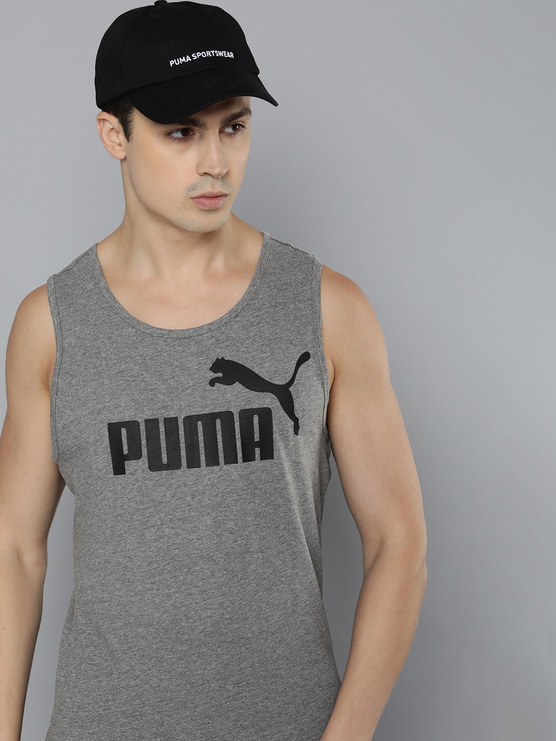 

Puma Men Brand Logo Printed Tank Pure Cotton T-shirt, Charcoal