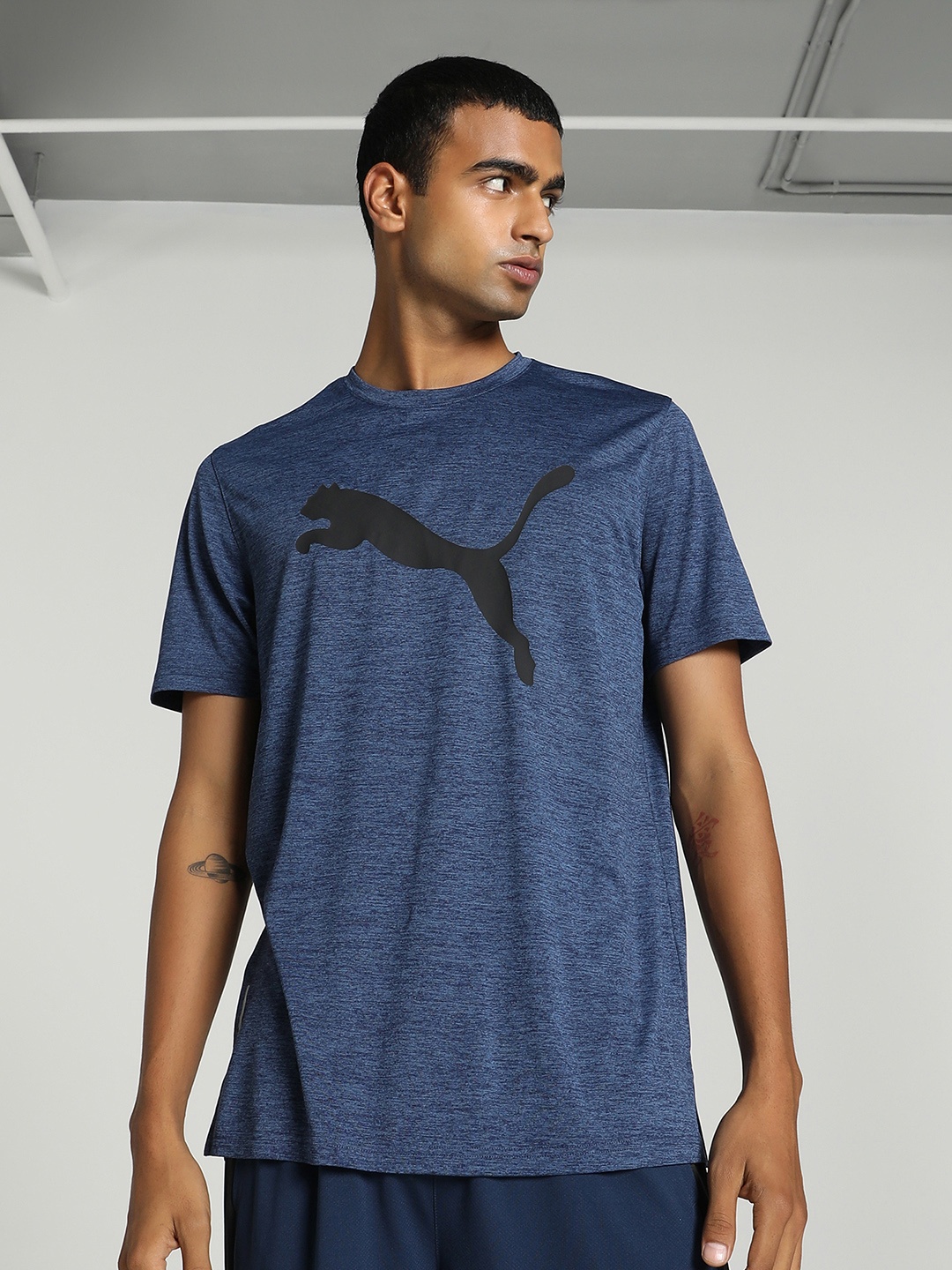 

Puma Men Brand Logo Printed TRAIN FAV Heather Cat Training T-shirt, Navy blue