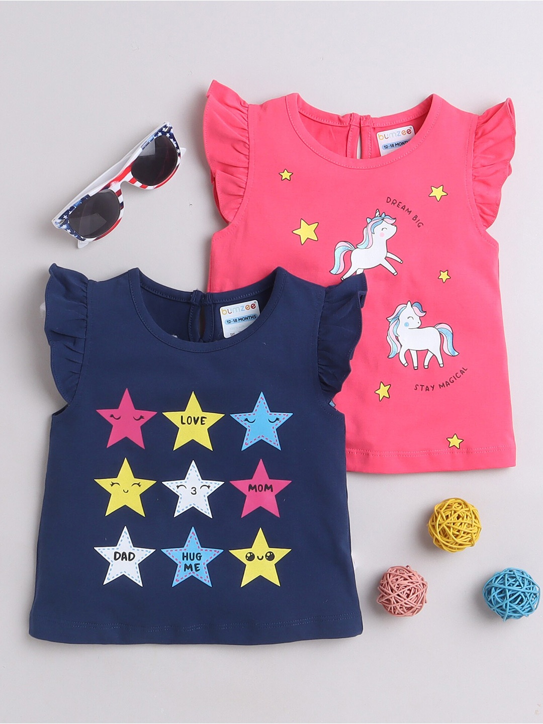 

BUMZEE Girls 2 Printed Applique T-shirt, Navy blue