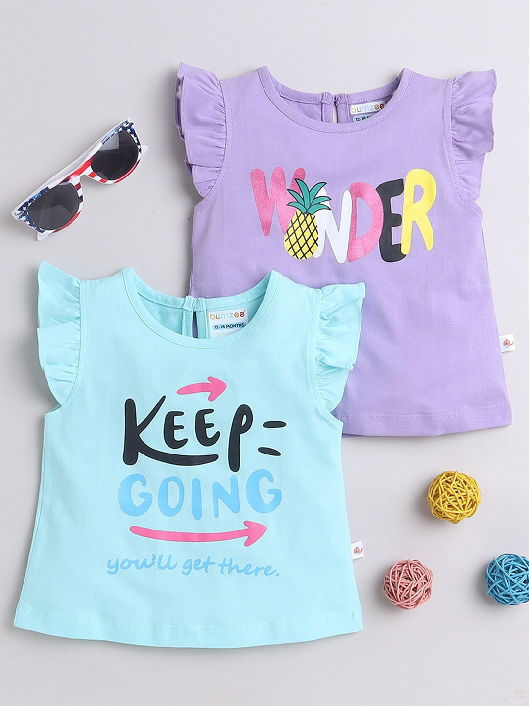 

BUMZEE Girls 2 Printed Applique T-shirt, Blue