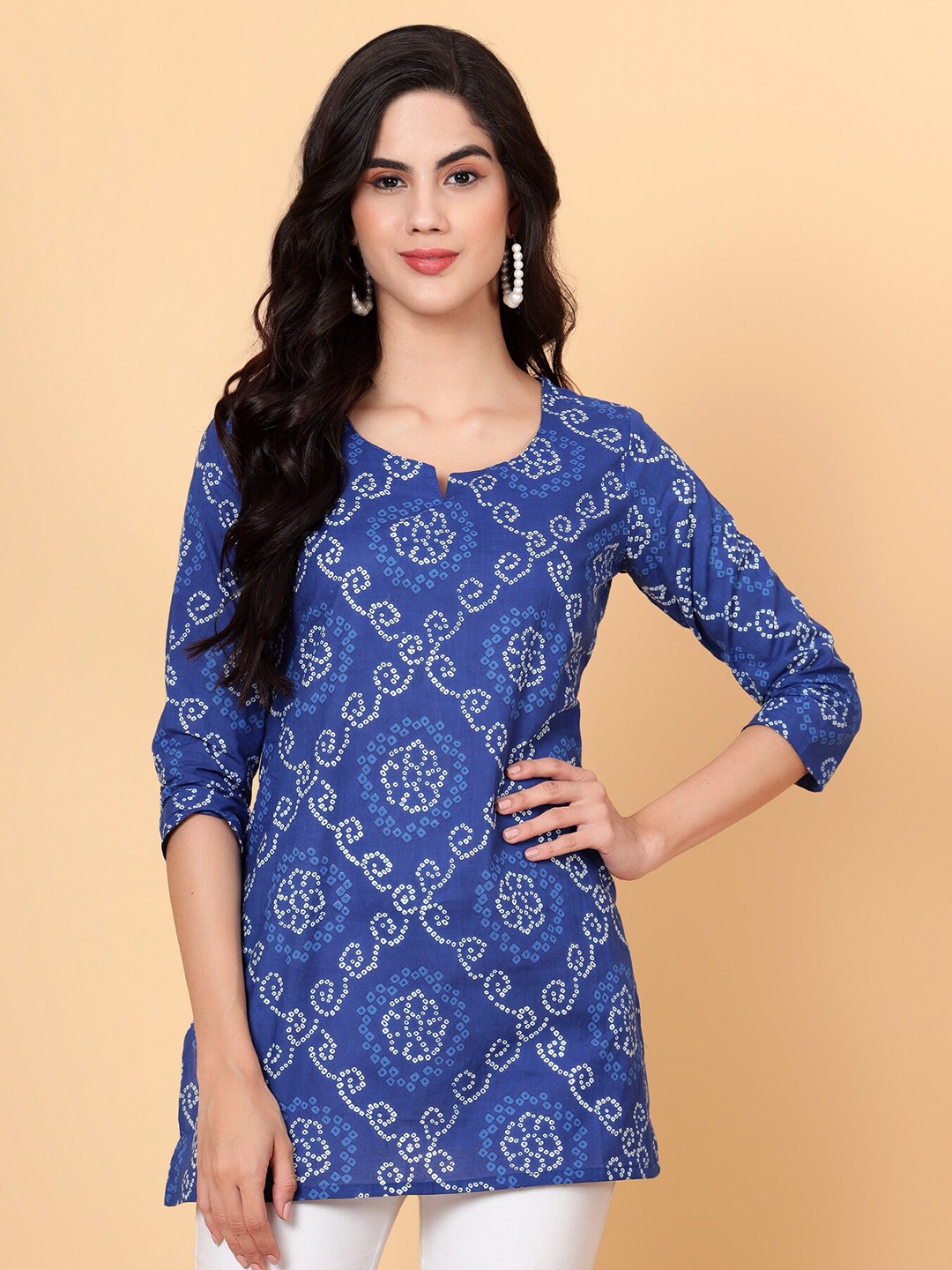 

Bani Women Printed Round Neck Cotton Tunic, Blue