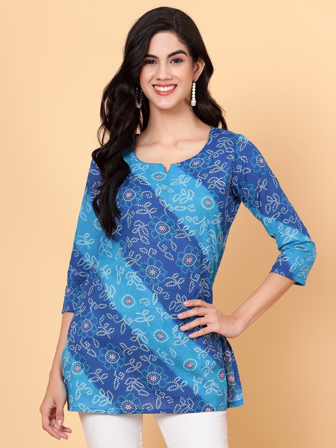 

Bani Women Printed Round Neck Cotton Tunic, Blue