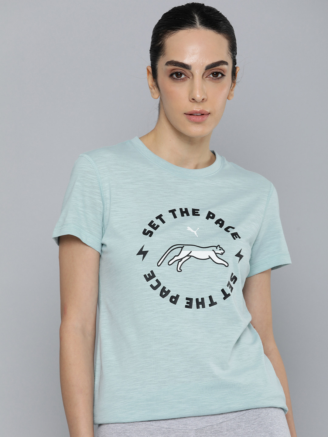 

Puma Women Typography Printed dryCELL T-shirt, Turquoise blue