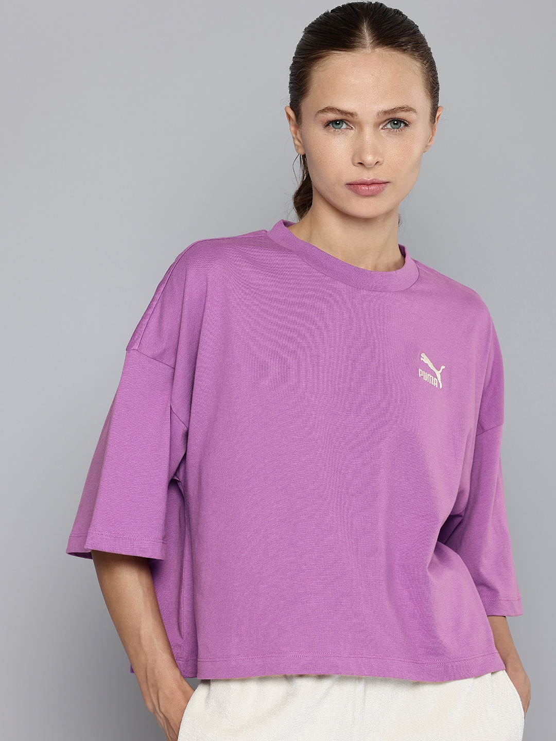 

Puma Better Classics Drop-Shoulder Sleeves Pure Cotton Oversized T-shirt, Purple