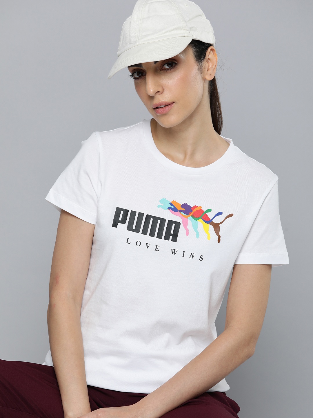 

Puma Women LOVE WINS Brand Logo Printed Pure Cotton T-shirt, White