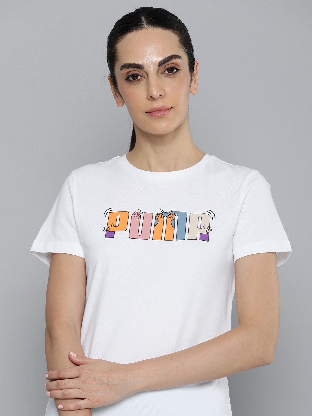 

Puma Women Brand Logo Printed Pure Cotton T-shirt, White