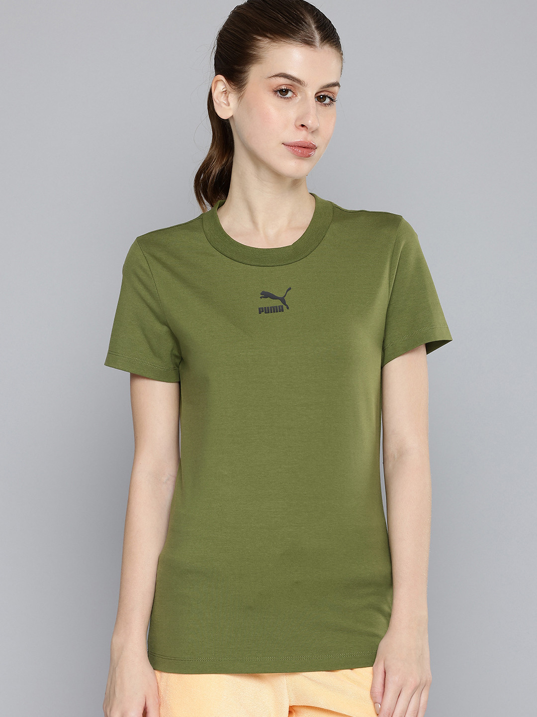 

Puma Women Pure Cotton Slim Fit T-shirt, Olive