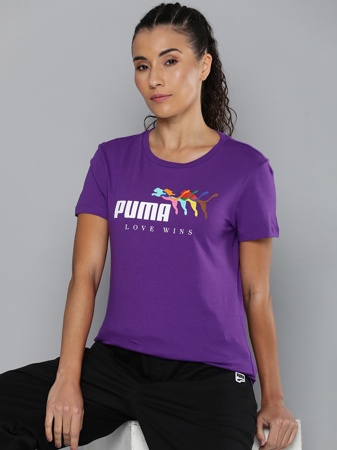 

Puma Women LOVE WINS Brand Logo Printed Pure Cotton T-shirt, Purple
