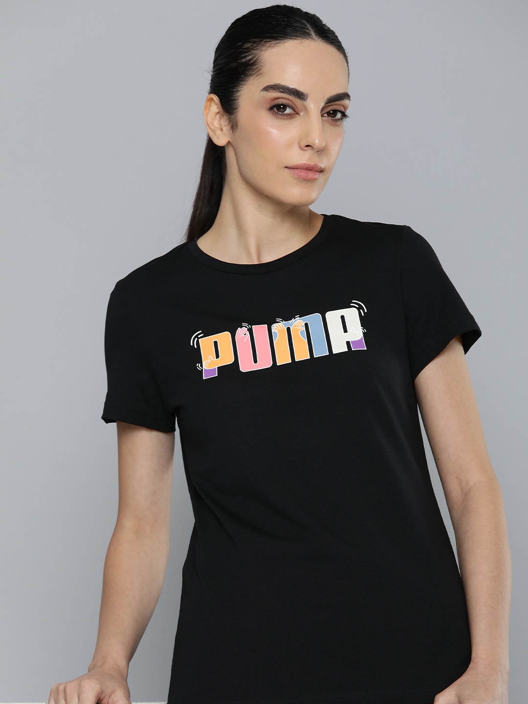 

Puma Women Brand Logo Printed Pure Cotton T-shirt, Black