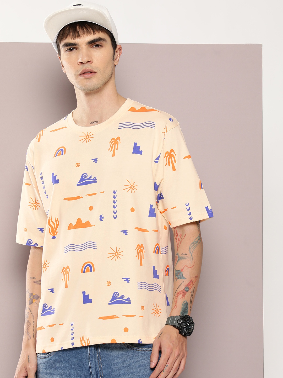 

DILLINGER Men Graphic Printed Oversized Drop-Shoulder Sleeves Pure Cotton T-shirt, Peach