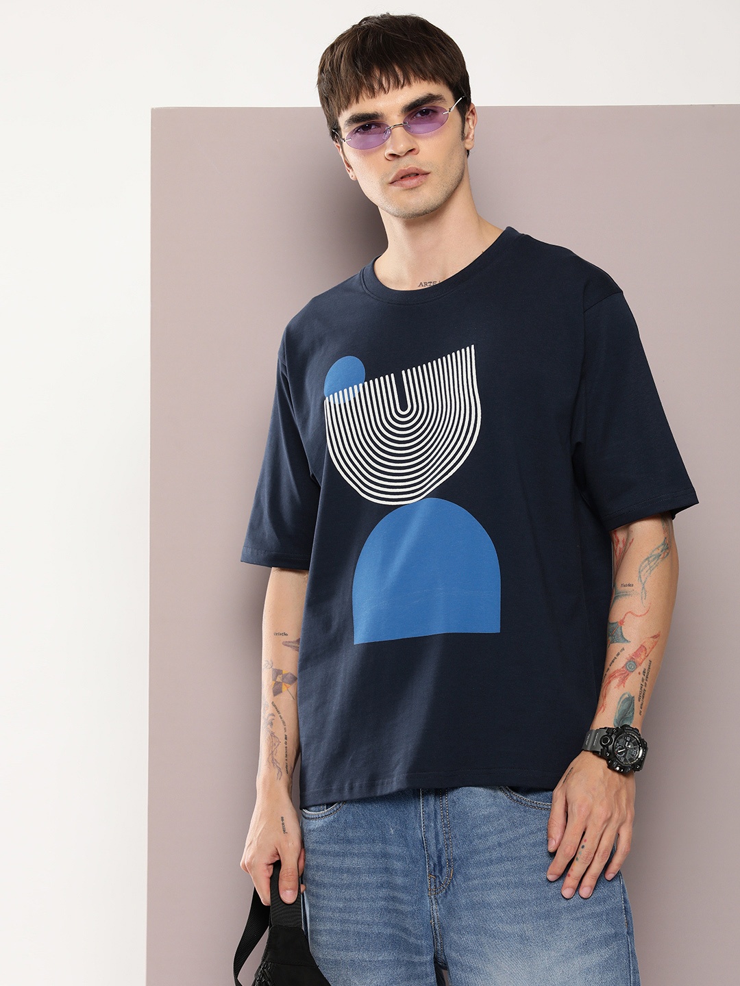 

DILLINGER Men Graphic Printed Embossed Oversized T-shirt, Navy blue
