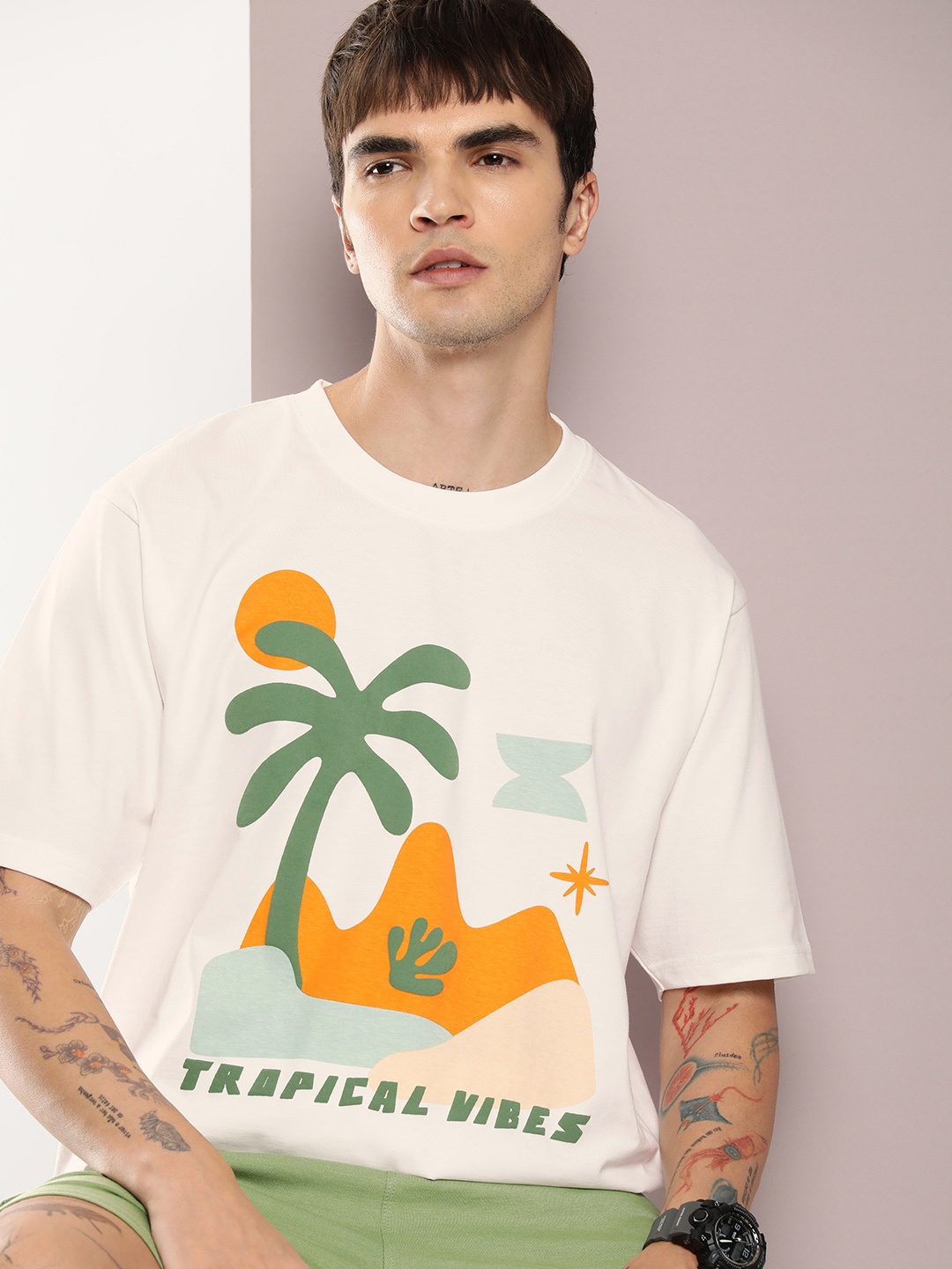 

DILLINGER Men Graphic Printed Embossed Oversized Drop-Shoulder Sleeves Pure Cotton T-shirt, Off white