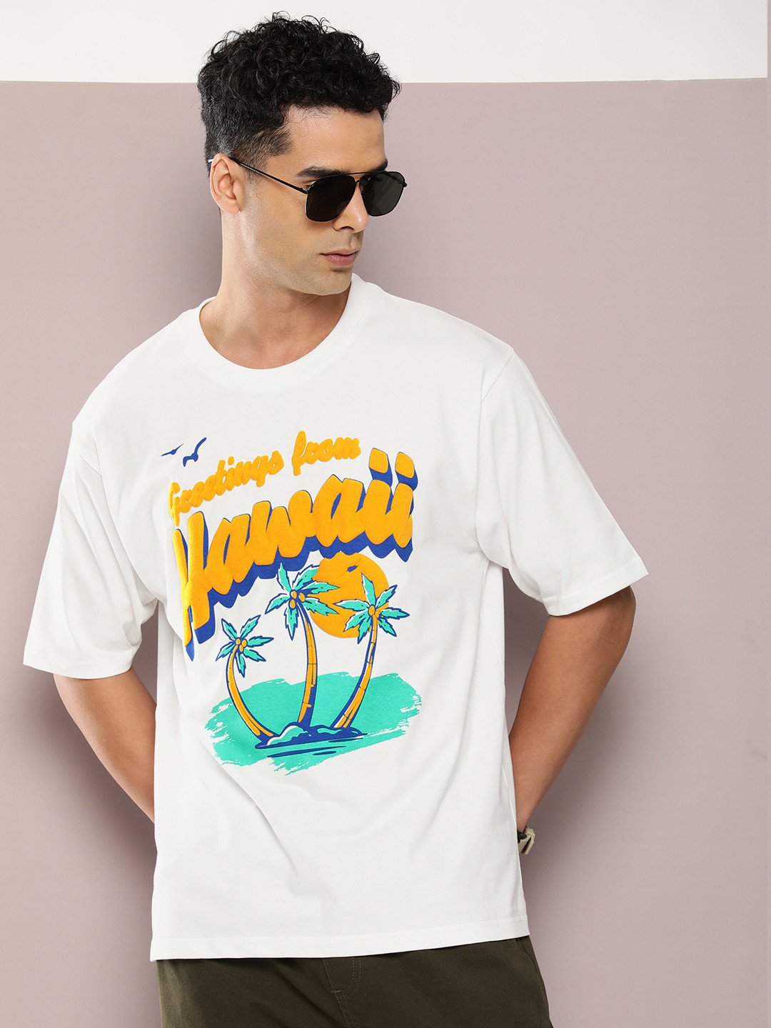 

DILLINGER Men Graphic Printed Embossed Oversized Drop-Shoulder Sleeves Pure Cotton T-shirt, Off white