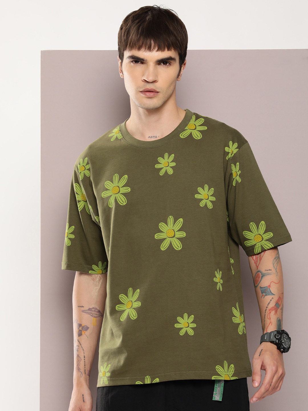 

DILLINGER Men Floral Printed Oversized Drop-Shoulder Sleeves Pure Cotton T-shirt, Olive