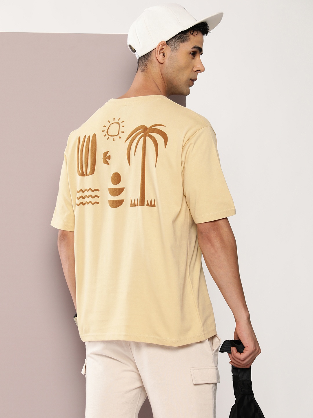 

DILLINGER Men Graphic Printed Embossed Oversized T-shirt, Beige