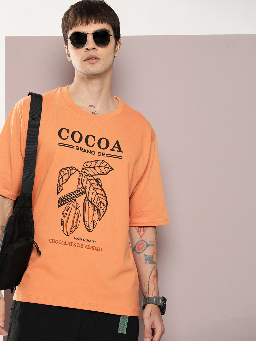 

DILLINGER Men Graphic Printed Oversized Drop-Shoulder Sleeves Pure Cotton T-shirt, Orange