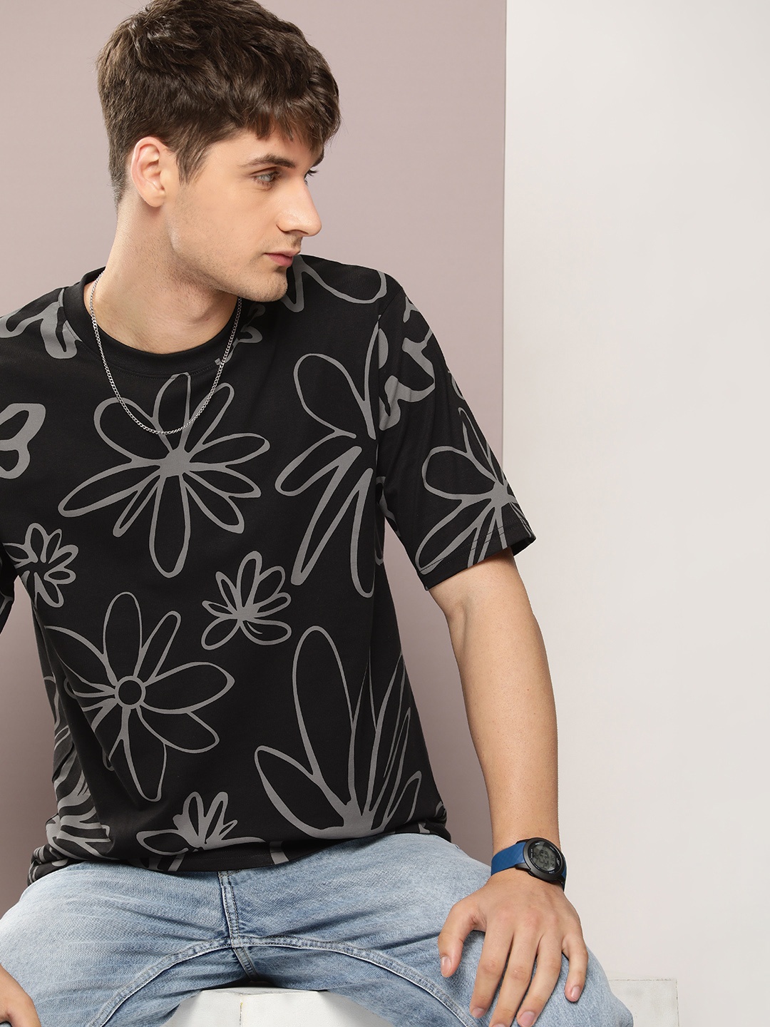 

DILLINGER Men Floral Printed Oversized Pure Cotton T-shirt, Black