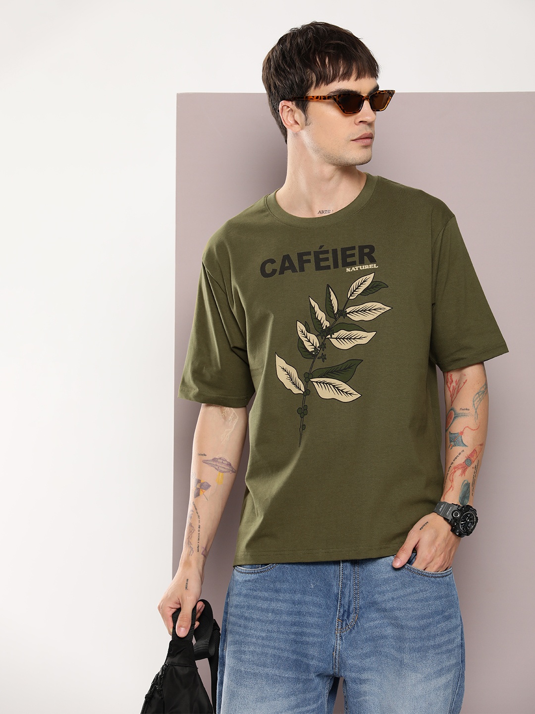 

DILLINGER Men Graphic Printed Oversized T-shirt, Olive