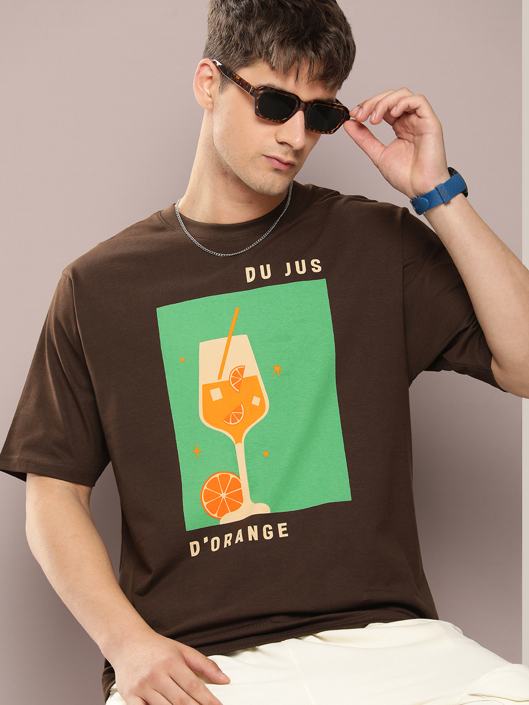 

DILLINGER Men Printed Oversized Pure Cotton T-shirt, Brown