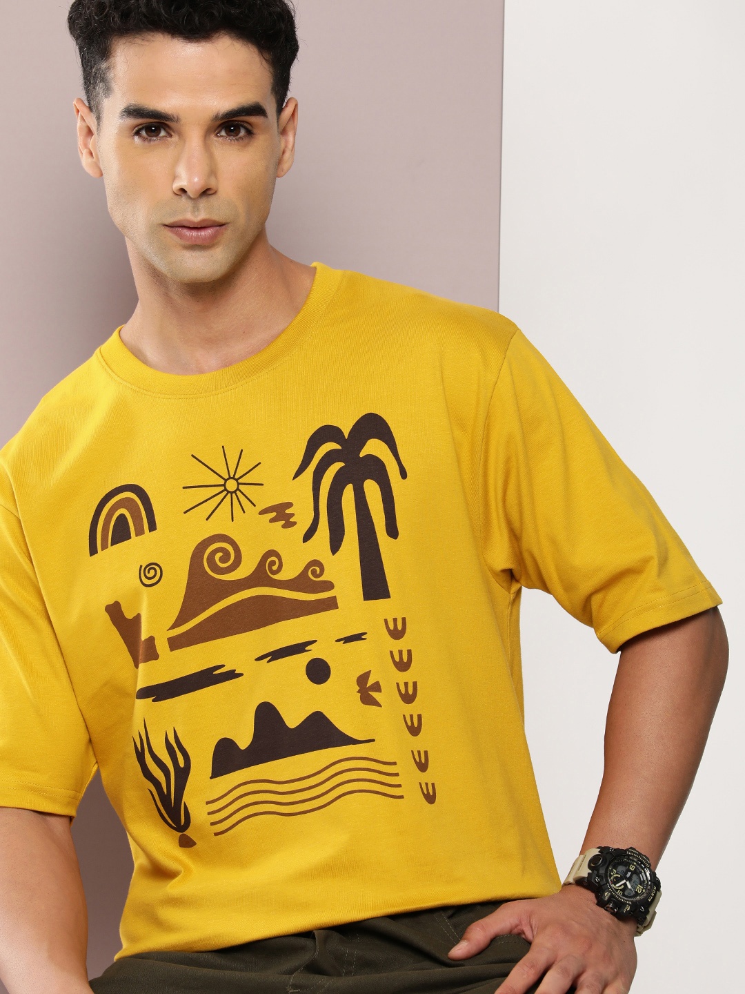 

DILLINGER Men Graphic Printed Oversized Drop-Shoulder Sleeves Pure Cotton T-shirt, Mustard