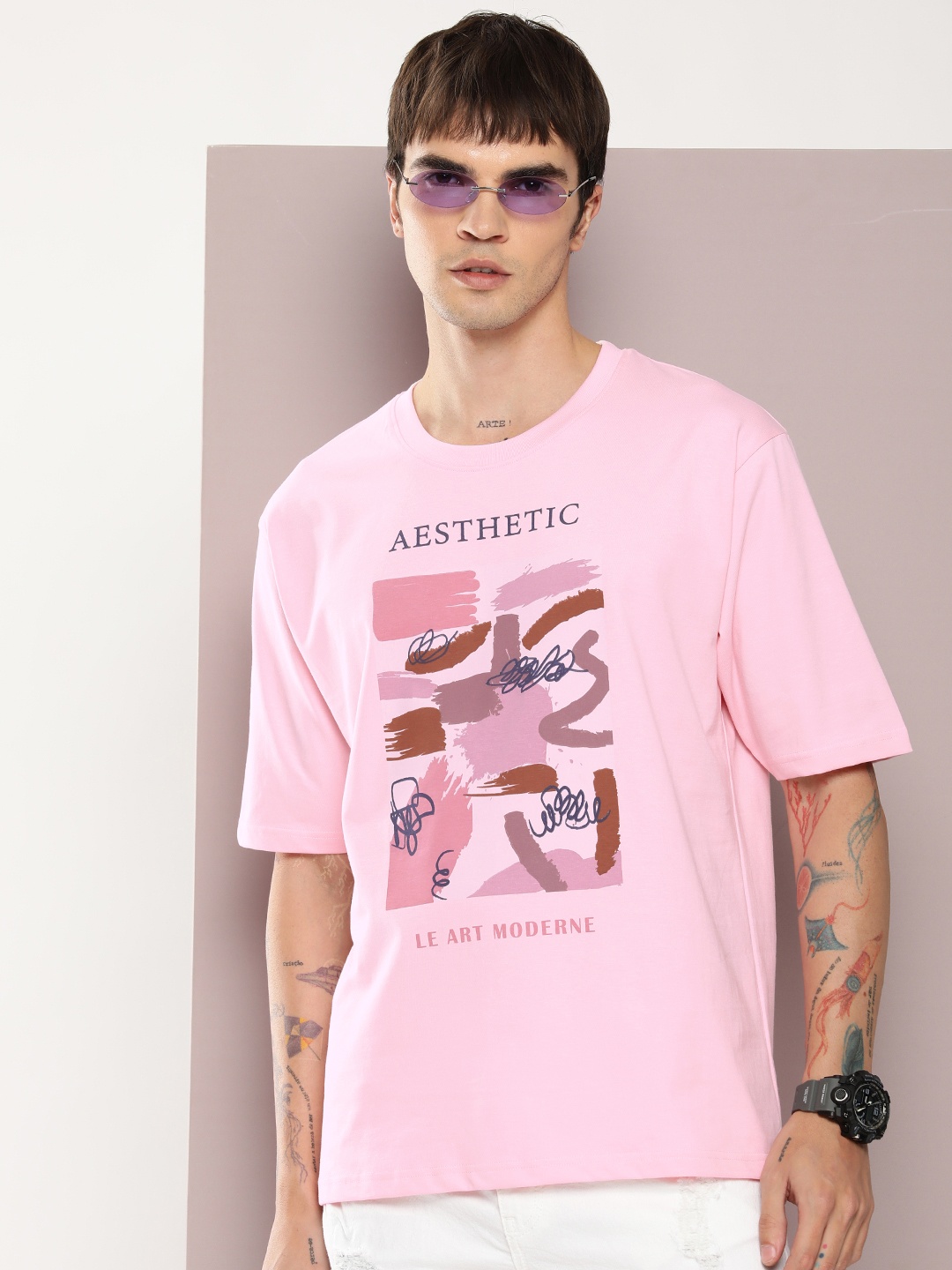 

DILLINGER Men Graphic Printed Oversized Drop-Shoulder Sleeves Pure Cotton T-shirt, Pink