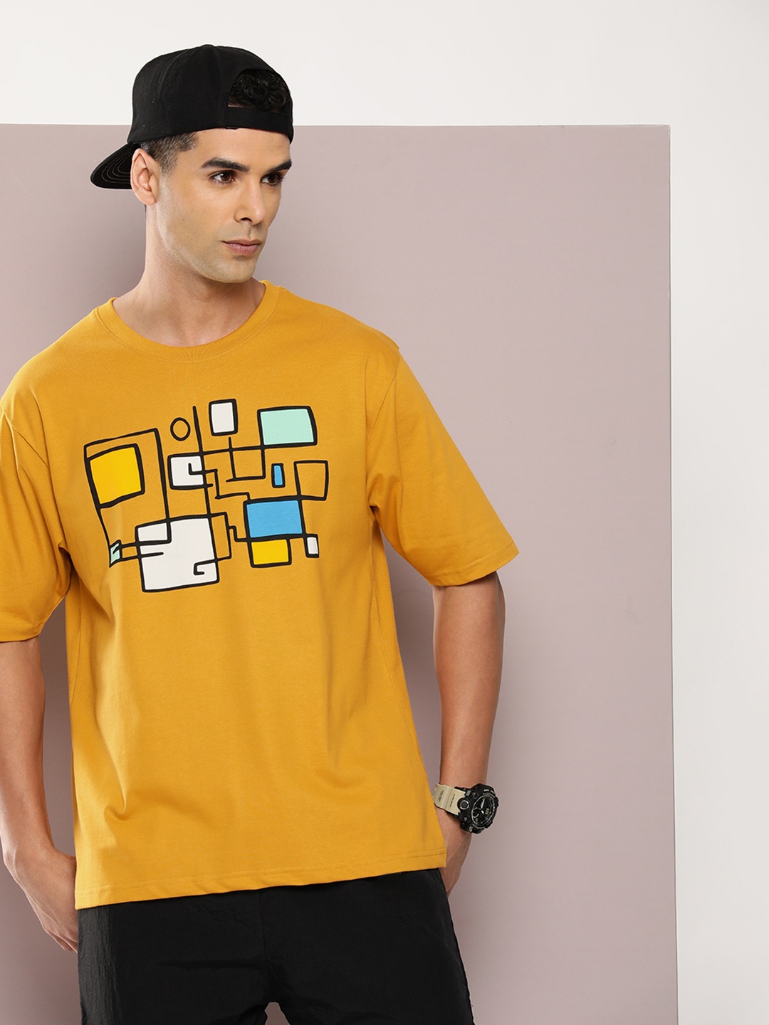 

DILLINGER Men Graphic Printed Oversized T-shirt, Mustard