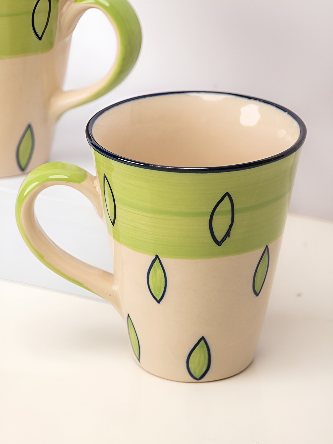 

ARAVALII Green & Cream 6 Pcs Printed Ceramic Glossy Dishwasher Safe Cups