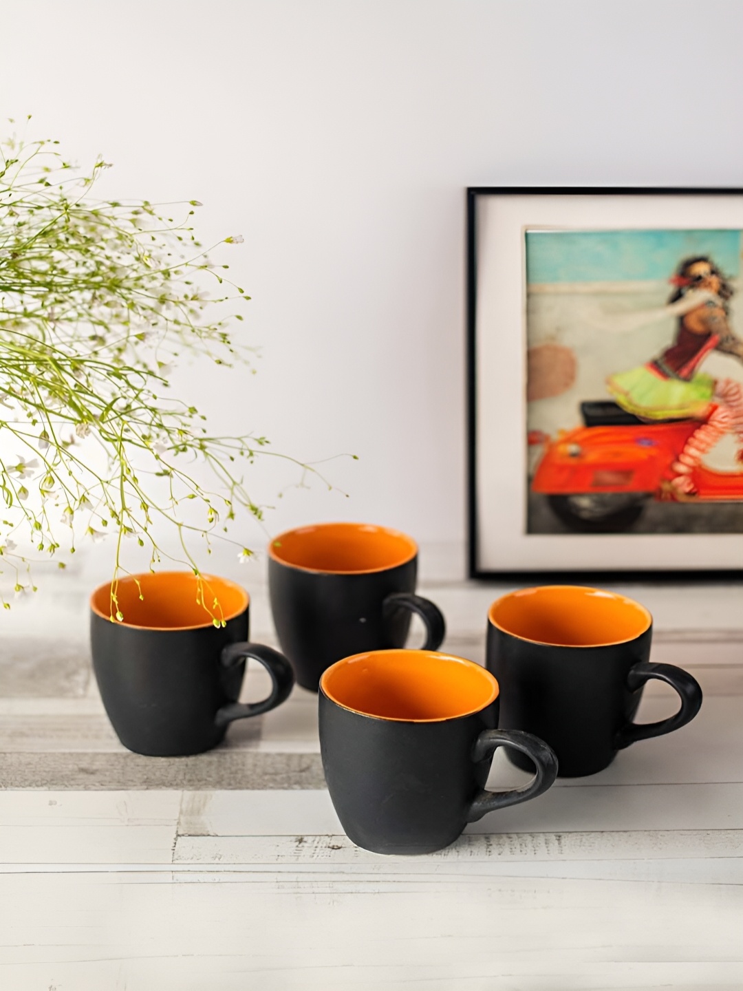 

ARAVALII Black & Orange 4 Pcs Ceramic Dishwasher Safe Glossy Cups 250ml Each