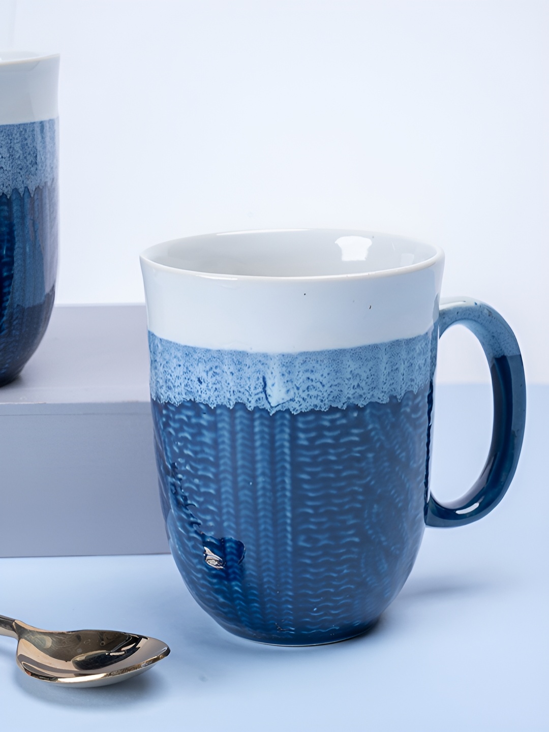 

ARAVALII Blue & White 6Pcs Textured Ceramic Dishwasher Safe Glossy Cups 300ml Each